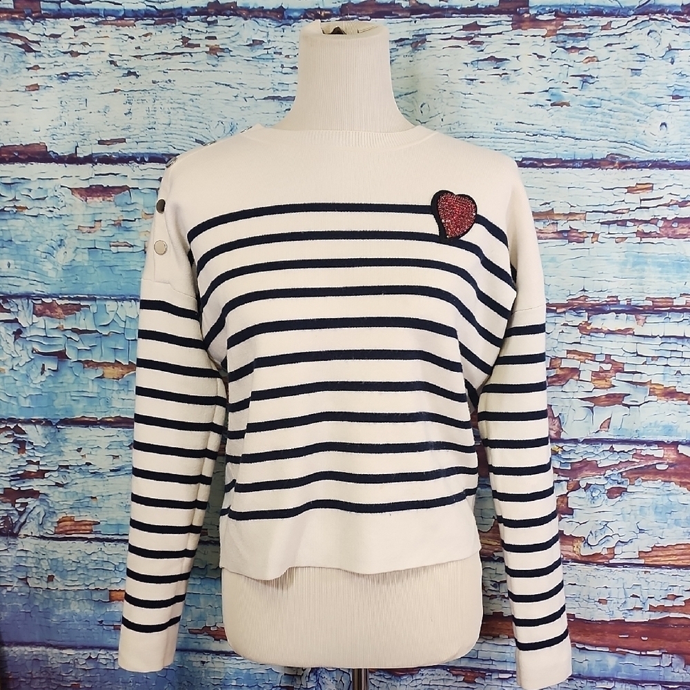 Maje White and Black Crew Neck Sweater with Heart Detail